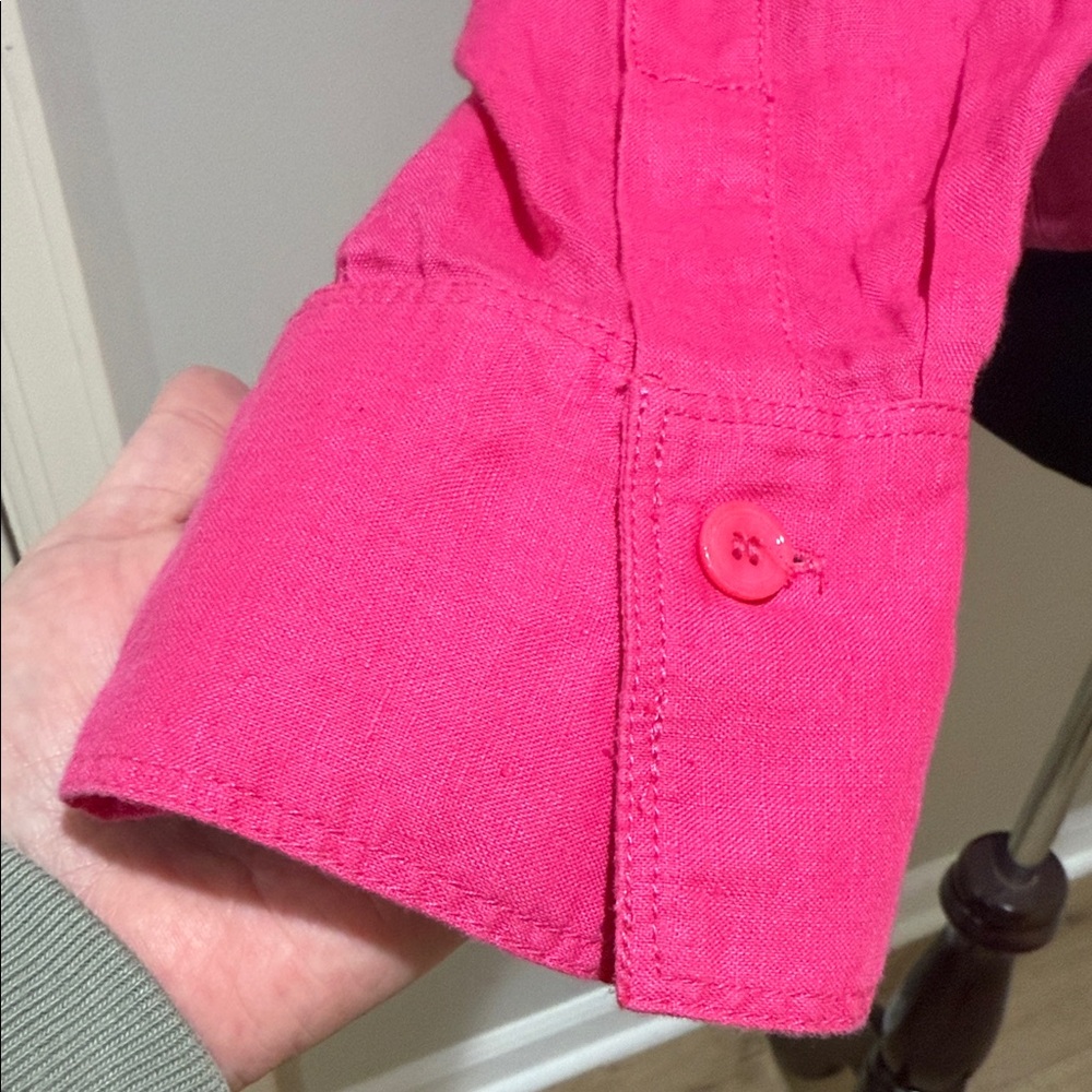 Zara Hot Pink LINEN Button-down cropped Women's Top, Large, oversized fit. - Picture 3 of 10